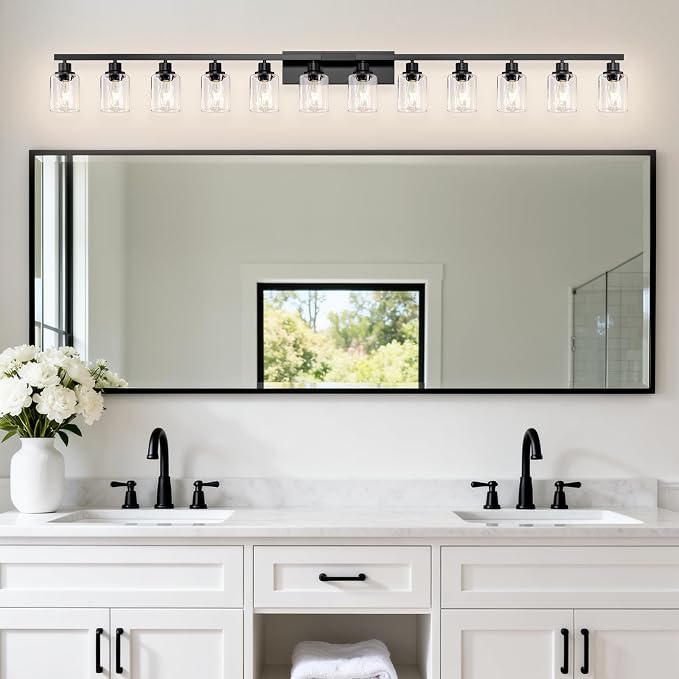 12 Light Bathroom Light Fixtures, Black Bathroom Lighting Fixtures Over Mirror Matte Black Modern Vanity Lights Wall Lighting for Mirror Bedroom, Living Room (78.7inch)