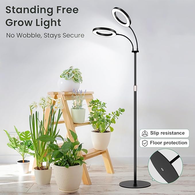 LBW Dual Head Grow Light with Stand for Indoor Plants, Full Spectrum Grow Light for Tall Plants, Adjustable Height up to 68", Auto Cycle Timer 6/8/12/16H, 5-Level Dimmable, 3 Lighting Modes, Black