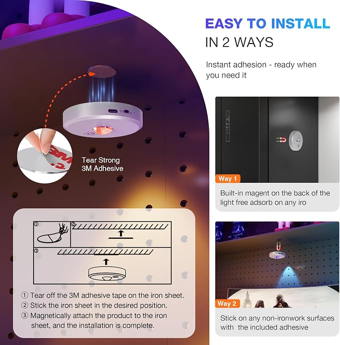 RGB Puck Lights with Remote Control,Under Cabinet Lighting,Silver,3PCS | 2000mAh Battery Operated Tap Lights Rechargeable, 9 Colors & 2 Dynamic Changing, Magnetic Stick on Light for Closet