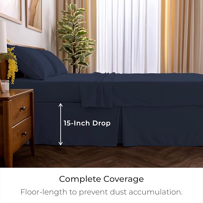 Mellanni Bed Skirt King Size - Tailored Drop Bed Skirting | 15-Inch Pleated Dust Ruffle - Hotel Luxury Bedding - Wrinkle, Fade, Stain Resistant - 1 Bedskirt (King, Navy Blue)