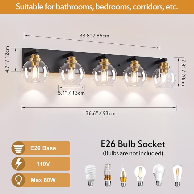 LmnLvn Bathroom Light Fixtures, Farmhouse Black & Gold Metal with Globe | 5-Light Rustic Vanity Lights,Easy To Install, Mounted Over Mirror for Bathroom, Bedroom & Hallway