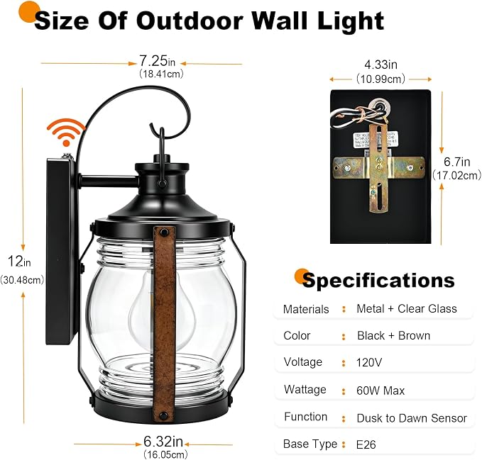 b&k Jasmine Dusk to Dawn Outdoor Wall Sconce Lights, Outdoor Porch Lights Wall Mount 2 Pack, Black Modern Farmhouse Outside Wall Lantern, Waterproof Exterior Garage Lights Fixture for House, E26