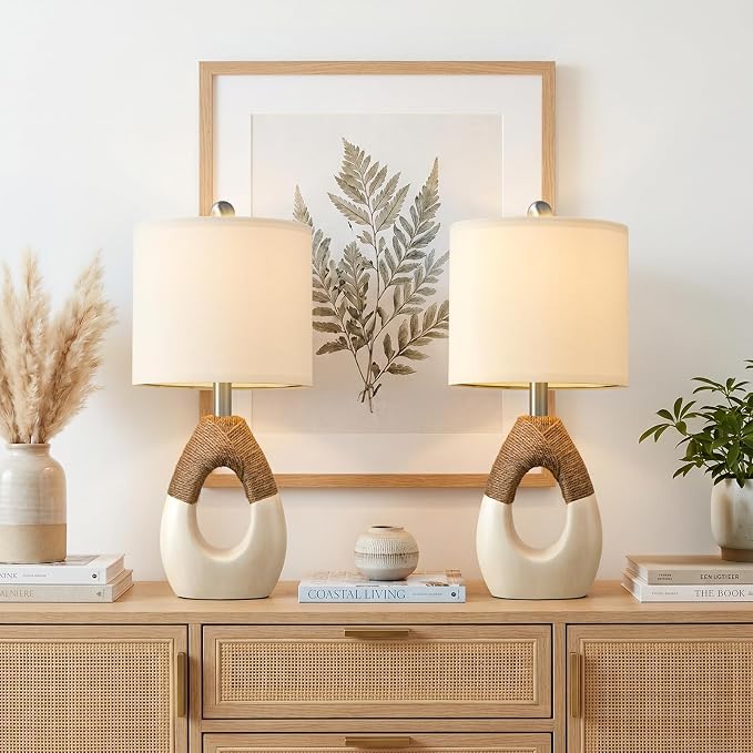 19” Boho Table Lamps Bedroom Living Room,Suitable for Small Space,Farmhouse Rattan Lamp Rustic Egg Design Resin Nightstand Bedside Lamps for Bedroom Living Room Office Study Rest Decor