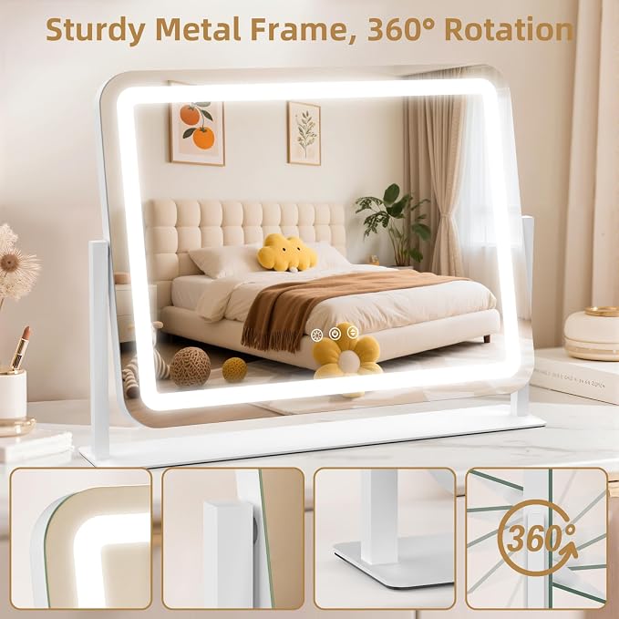 Vanity Mirror with Lights 22"x17", Lighted Makeup Mirror with 10X Magnification 4.5", 3 Color Dimmble Lights, Touch Control, 360° Rotation, Metal Frame, Women's Gift, For Bedroom/Dressing Room, White