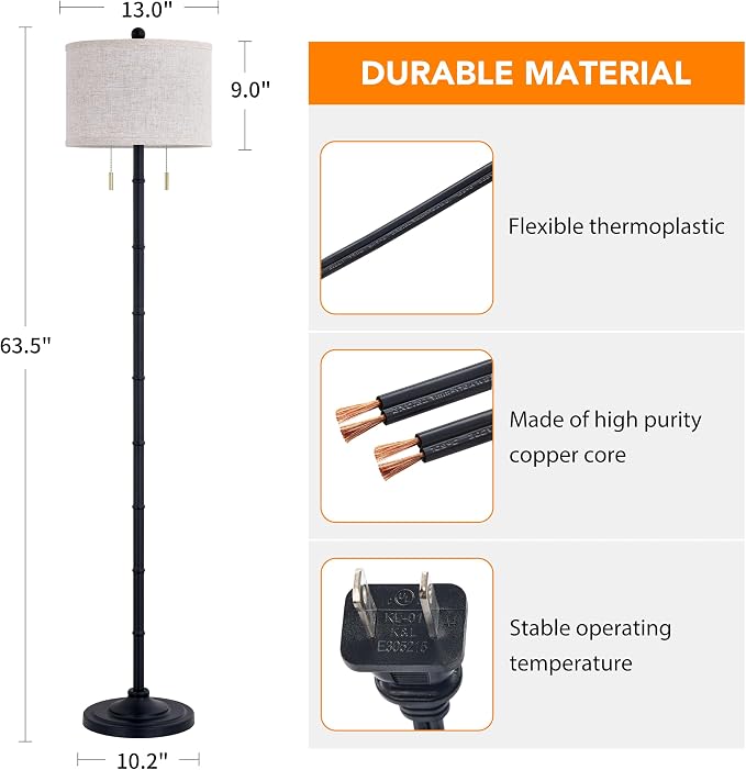 Upgraded 2-Light Mid Century Modern Black Floor Lamp for Living Room | 63.5'' Tall Floor Lamp with 3 Color Temp Bulbs, Living Room Lamp with Chain Switch, Standing Lamp for Bedroom, Office, Corner