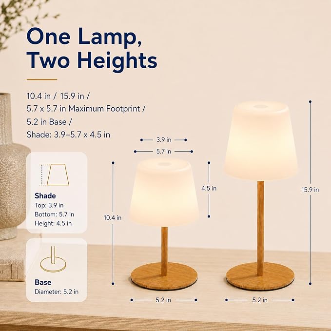 Rechargeable Table Lamp, Cordless Shower Lamp for Bathroom, IP65 Wood Grain | Bathroom To Bedside Glow, Touch-Dim Comfort, 4000mAh USB-C Ease, 12-24H Light, 3 Light Moods, 2-Height Fit