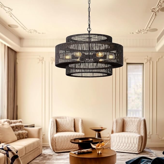 23.6" Black Large Boho Rattan Chandelier Light Fixture, 6-Light Rattan Hand-Woven Rustic Chandelier Drum Pendant Light Fixture for Dining RoomBedroom Living Room Entryway Foyer
