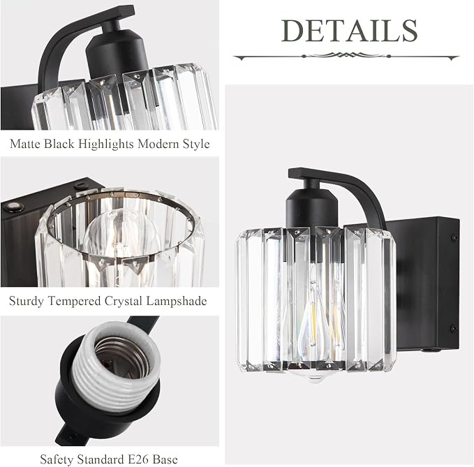 BELS 8 Inch Battery Operated Wall Sconces Set of 2, Farmhouse Black Wall Lights Fixture with Crystal Shade, 3 Colors Temperature, Remote Control, Dimmable, Wall Sconces for Mirror, Bathroom, Bedroom