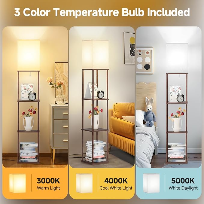 SHINE HAI Floor Lamp with Shelves, 3-Tier Square Modern Shelf Lamp | 3CCT Bright Bulb Included, Tall Standing Lamps for Living Room Bedroom Office