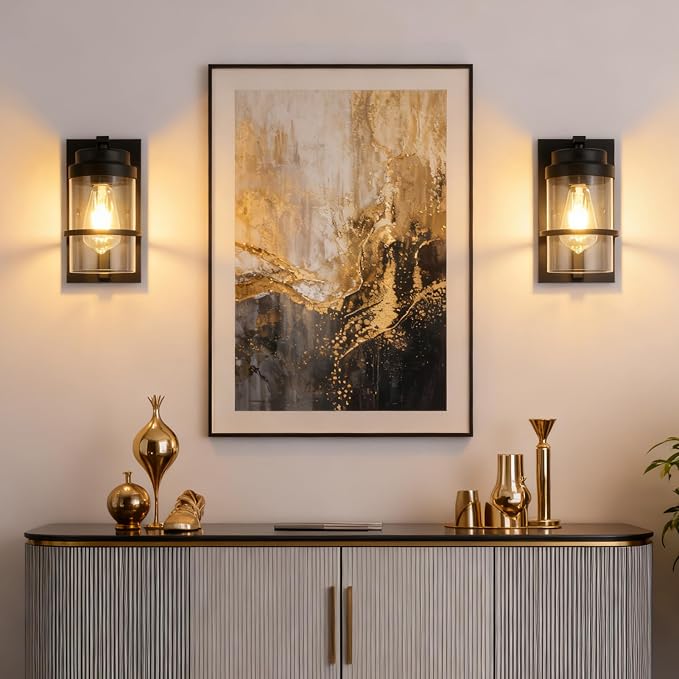 Modern Farmhouse Black Wall Sconce,Glass Wall Light Fixture,E26 | Industrial hardwired indoor fixture,ideal for bedroom,hallway,bathroom and living room,modern style home decor with E26 base.