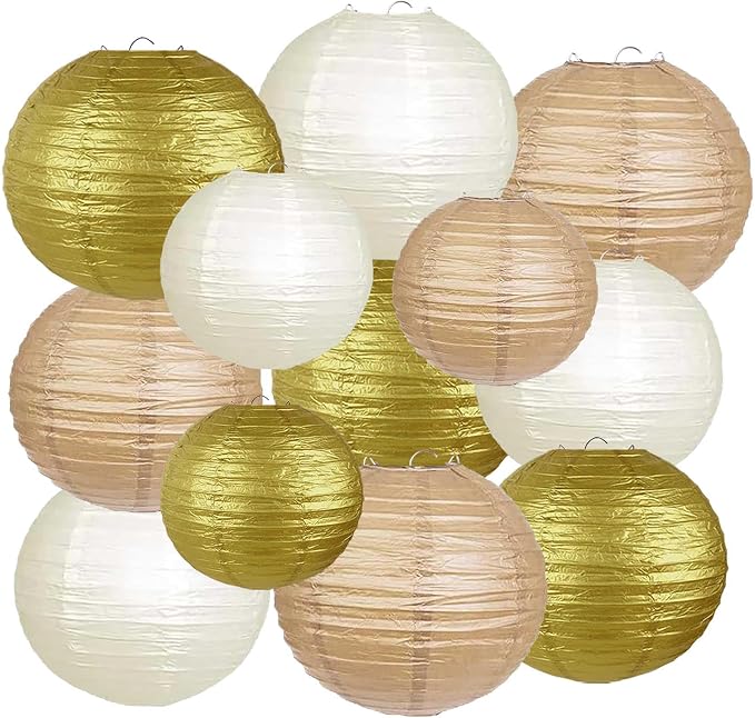 Gold White Paper Lanterns 12 Pack, Hanging Round Paper Lanterns Decorative Perfect for Boho Graduation Baby Shower Wedding Birthday Party Decoration((Gold,Khaki,Cream)