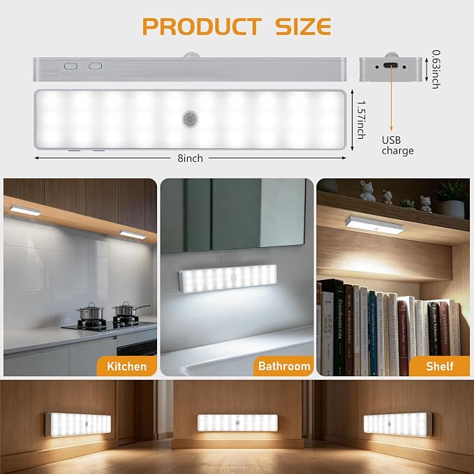 Racokky Under Cabinet Lighting with Remote, Motion Activated RV Step Light | 2 Pack 30LEDs 8'' Rechargeable Closet Lights, Dimmable Night Bar, Magnetic, Timer, for Kitchen Wardrobe Stair Motorhome