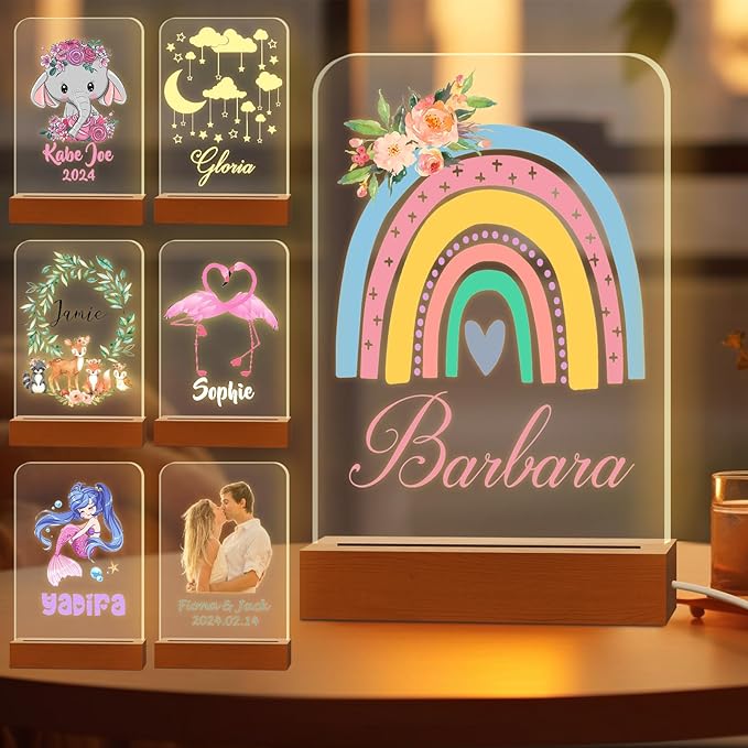 Personalized Night Light for Kids Custom Engraved Name Acrylic LED Lights with Wood Base for Nursery Bedroom Decor Night Lamp, Customized Birthday Gifts for Boy and Girl,Rainbow