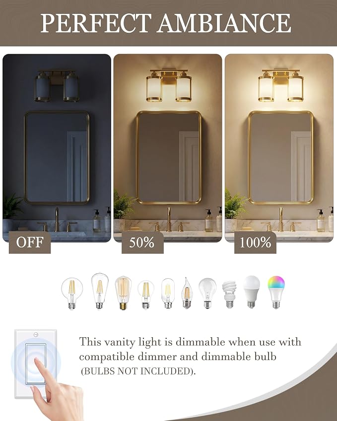 2-Light Brushed Gold Bathroom Light Fixtures with Milk White Frosted Glass, 13.2" UL-Listed Modern Wall Sconce Over Mirror with Metal Cage for Bath, Hardwire E26, OS-3014BGW-2W