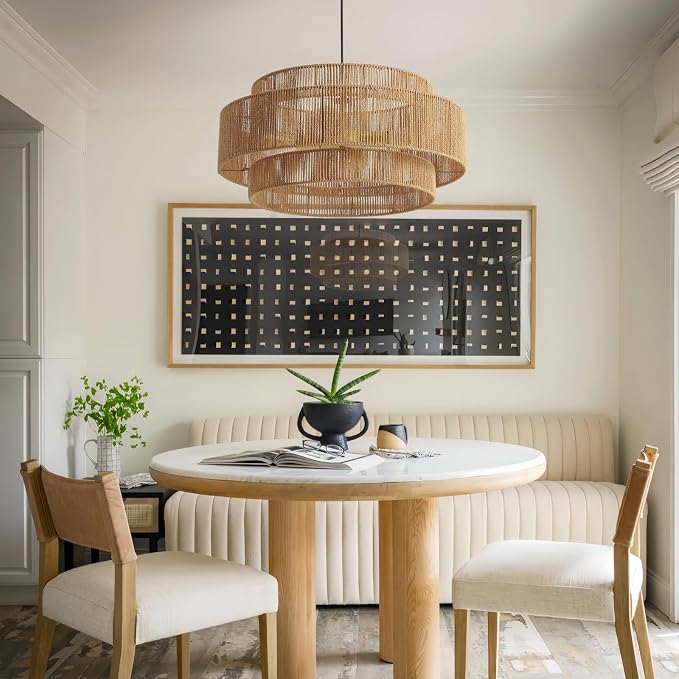 3-Tier Large Rattan Chandeliers, 23.6in Boho Coastal Pendant Lights, Hand Woven Hemp Rope Lighting Fixture, Wicker Hanging Ceiling Light for Living Room, Dining Room, Bedroom, Kitchen Island