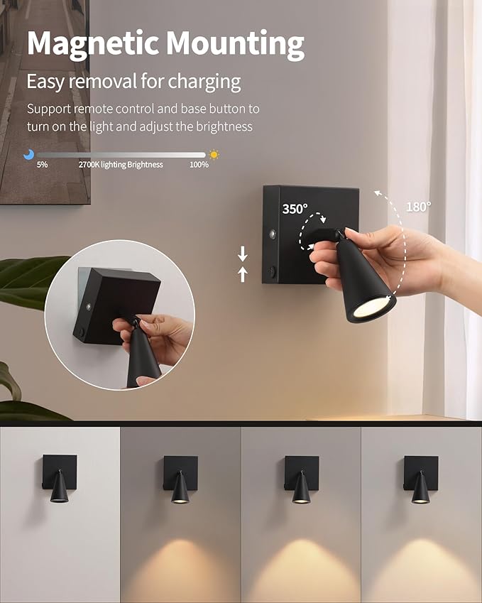 Battery Operated Wall Sconce Set of 2, Wall Lamp with Remote, 7000mAh Dimmable Magnetic 350° Swivel Cordless Rechargeable Wall Lights for RV Bedroom Bedside Hallway Gallery Wall Decort - Black