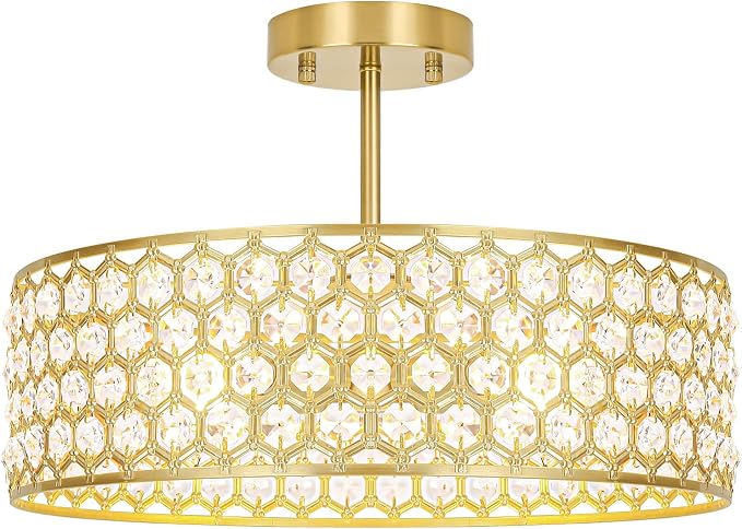 Lxybcce Gold Crystal Ceiling Light Fixture - Modern Semi Flush Mount Ceiling Chandelier Lighting for Kitchen, Dazzling Prism Chandelier for Bedroom, Bathroom, Dining Room, 5 Light, 16 in