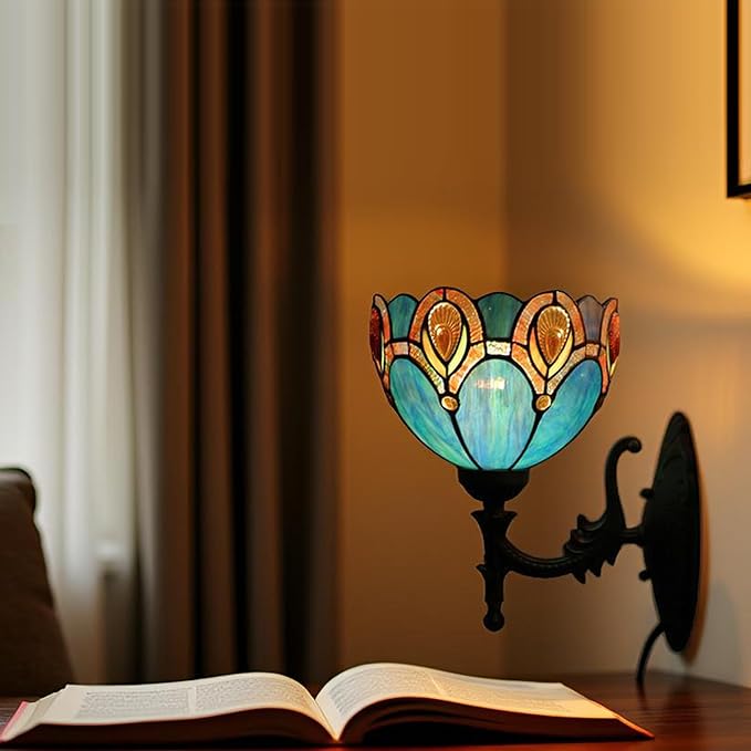Tiffany Sconce Lamp Stained Glass Wall Lamp,8X10.5X11 Inch Plug in Wall Bedside Light for Hallway Bedroom (Peacock Crystal)