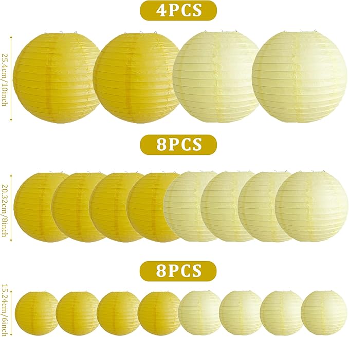 20Pcs Yellow Paper Lanterns Decorative, Hanging Lanterns for Bridal Shower | 6"8"10" Round Paper Lanterns Decorations for Baby Shower Engagement Wedding Engagement Birthday Rustic Party Home Decor