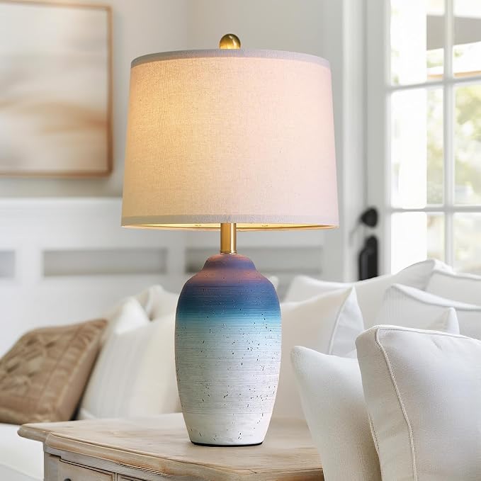 24.5" Vintage Ceramic Table Lamp with 5FT Cord - Single Farmhouse Rustic Bedside Lamp with Natural Textured Finish, Nightstand Lamps for Living Room, Bedroom, End Table, Office White and Blue