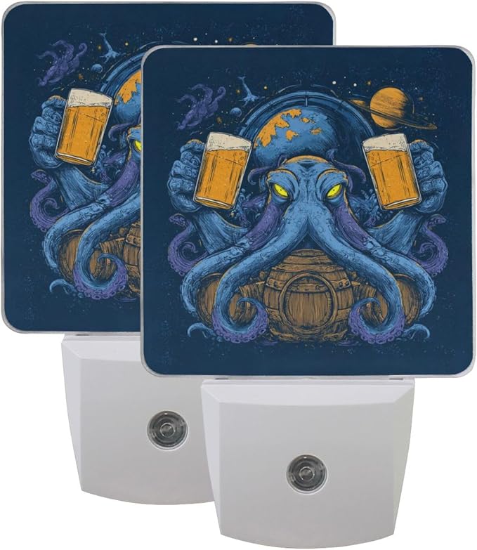 Blue Octopus Holding Beer Night Light Dusk to Dawn Sensor LED Night Dimmable Nightlight Lights Plug into Wall for Living Room