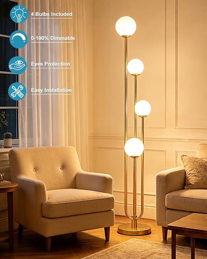 63IN 4-Light Dimmable Floor Lamp, Unique Gold Tall Standing Lamps with 3000K Bulbs for Reading, Mid Century Modern Floor Lamp with 5Lbs Heavy Base for Living Room Bedroom Home Office