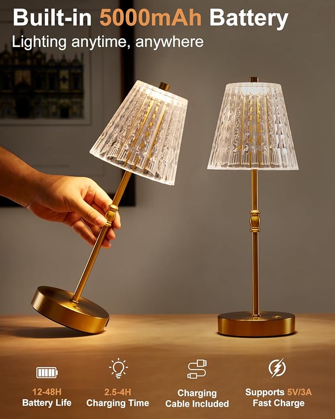Cordless Crystal Lamp Battery Operated Touch Dimming 5000mAh Table Lamps | 3 Colors Modes, Rechargeable LED, Sepless Dimming, Night Light for Bedroom, Kitchen, Bar, Office
