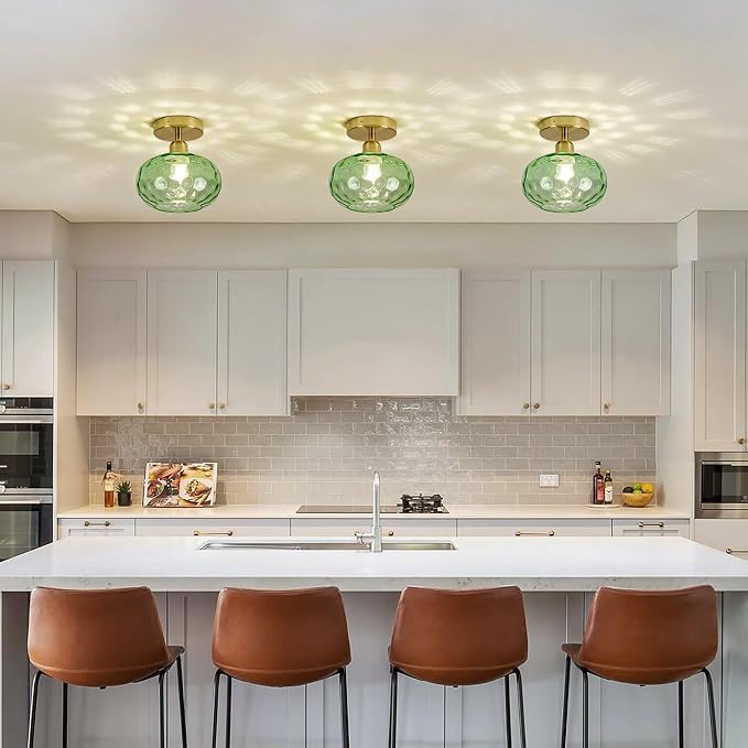 7.9″ Small Semi Flush Mount Ceiling Light ,Green Hallway Light Fixtures | Art Deco Hammered Glass,Whimsical,Vintage Gold Mid Century MCM Lighting for Closet Cottage Entryway Laundry Room Foyer