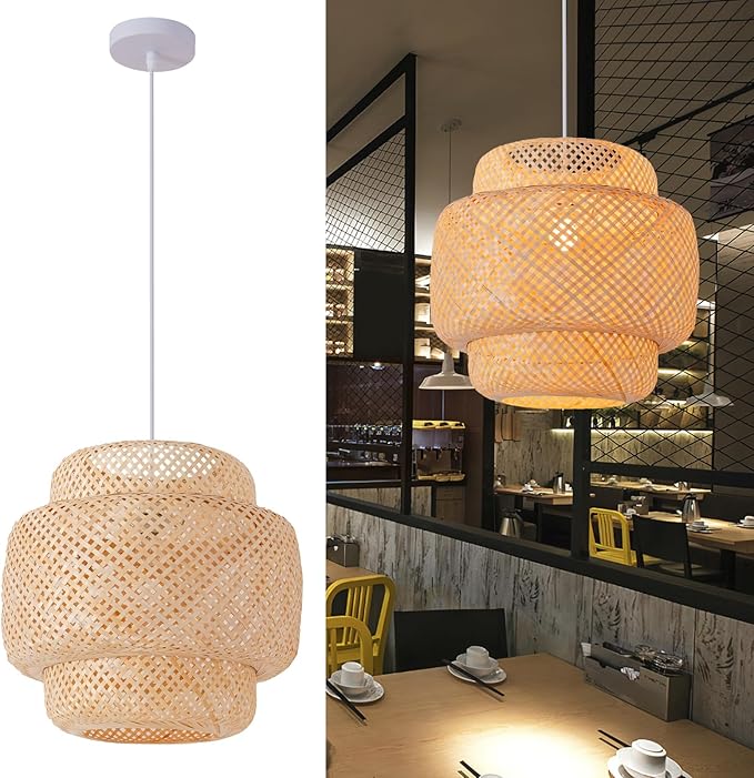 Bamboo Pendant Light,15.8" Rattan Chadelier | 15.75" Boho Bamboo Hanging Light,Hand Woven Rattan Chandelier for Kitchen Island Dining Bedroom Living Room Restaurant