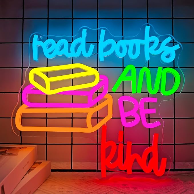 Read Books And Be Kind Neon Sign Reading Led Sign for Classroom Wall Decor Dimmable Colorful Books Neon Light for Library Decor Birthday Gifts For Students Teacher