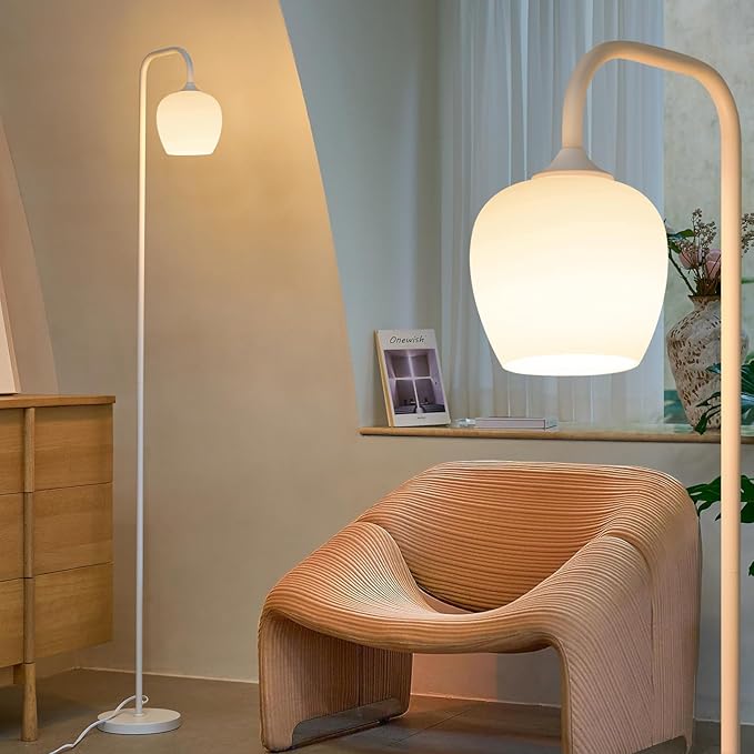 ONEWISH White Floor Lamp-Modern Standing Lamp for Living Room Bedroom, Opal Glass Lamp Shade, LED Bulb Included, for Reading Office, Simple Design Home Decor for Christmas Thanksgiving Day