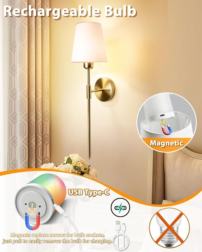 Adetu Wall Sconces Set of 2, Battery Operated Wall Sconce | 10000mAh Magnetic Bulbs and Remote, RGB & 5%-100% DimmableRechargeable Wall Lights for Bedroom Living Room Hallway Decor