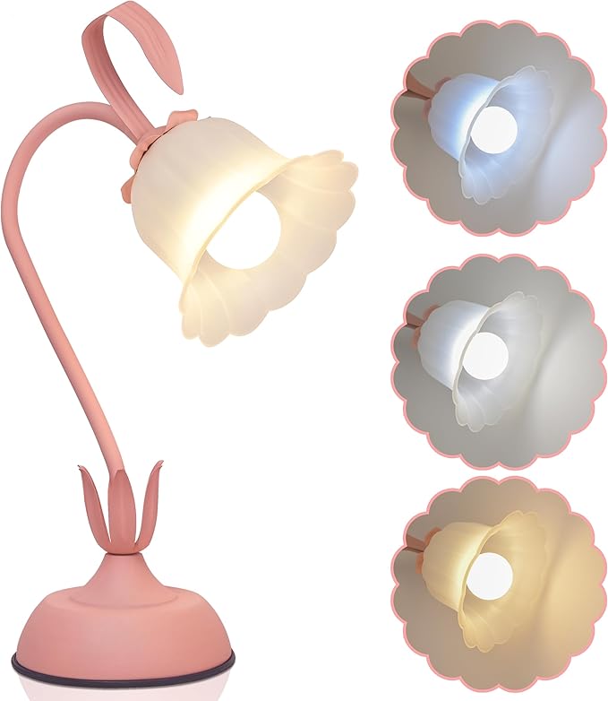 Vintage Flower Table Lamp, 3 Color Temperature Flexible Gooseneck Cute Small Desk Lamp for Bedroom, Kawaii Nightstand Bedside Lamps for Living Room, Dorm, Office, Home Decor (Pink) (Pink)