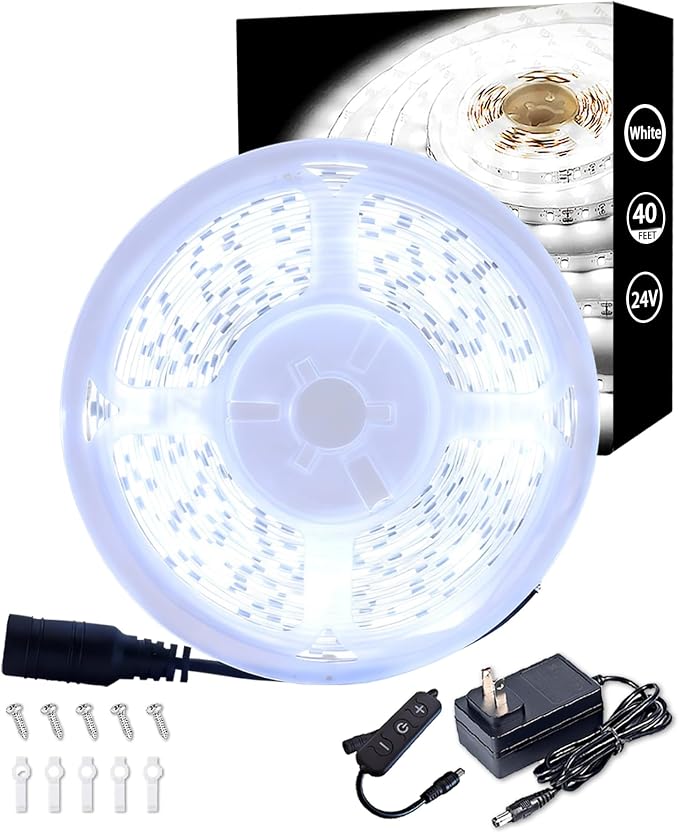 40 FT Led Strips Lights 24V Plugin Led Strip Lights Connectable Daylight White 6000k Lighting Indoor Rope Lights Flexible LED Light Strip for Holiday Home Housewarming Party Decor