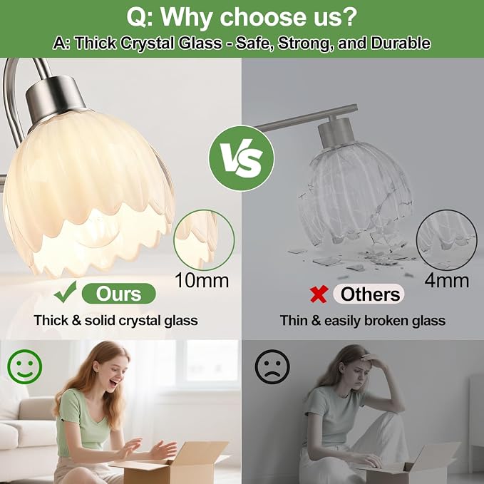 Bathroom Light Fixtures, 3-Light Brushed Nickel Bathroom Vanity Light Over Mirror with White Tulip Glass Shades, Vanity Light Fixture for Bedroom, Living Room & Hallway (Bulbs Not Included)