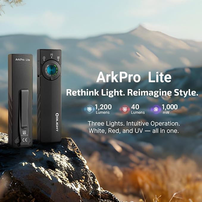 OLIGHT ArkPro Lite EDC Pocket Flashlight Rechargeable with UV Light, Black | Red Light, White LED, 1200 Lumens, USB-C, Magnetic, Portable Flat Flashlight for Pet Urine Detection, Camping, Emergency Work