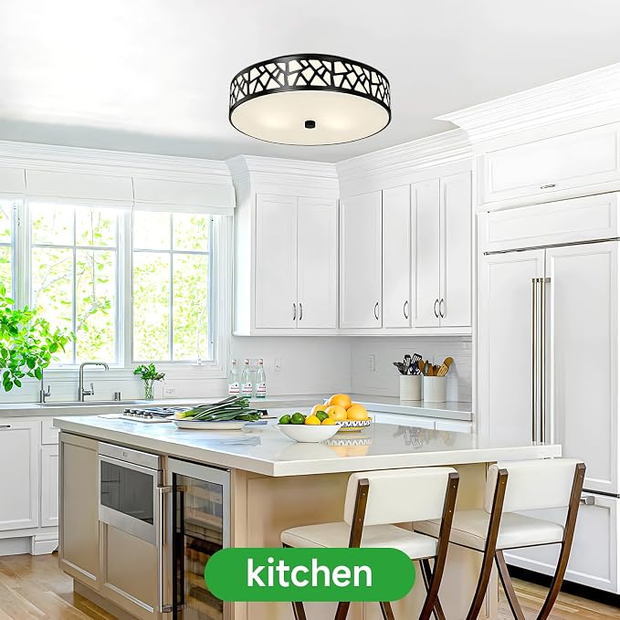 Black Flush Mount Ceiling Light, 3-Light Farmhouse Light Fixture with Frosted Glass Shade for Bedroom, Hallway, Kitchen, 16 Inch