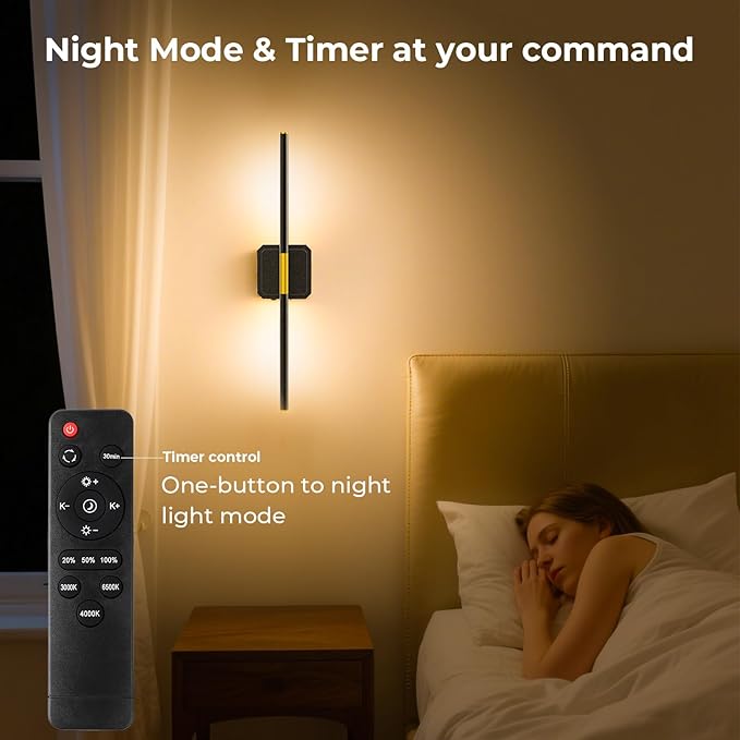 Battery Operated Wall Sconces Set of 2, Detachable 360°Rotate Wall Lamps, 3000-6500K Dimmable with Remote Control, 10000mAh Rechargeable Wall Light for Bedroom, Living Room, 28.3" Black Gold