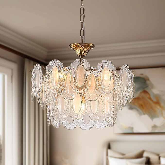 7PM Modern Gold Glass Chandelier, Antique Crystal Chandeliers 3-Layer 6 Light Round Pendant Chandelier for Dining Room Kitchen Island Living Room Bedroom 59" Height Adjustable, 20inch