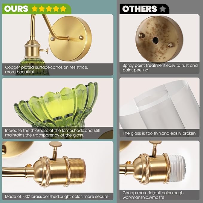 Vintage Battery Operated Wall Sconces Set Of Two, Indoor not Hardwired Brass Green Glass Lampshade Fixtures,Rechargeable Wireless RGB Wall Lights with Dimmable Remote Control,for Bedroom Living Room