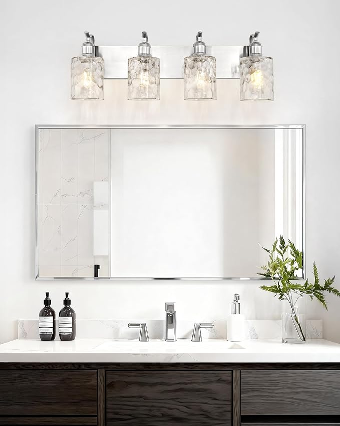 4-Light 27 Inch Bathroom Vanity Light,Hammered Glass,Nickel | Brushed Nickel,Over Mirror Wall Light,E26 sockets,for bathroom mirror,powder room,dressing area