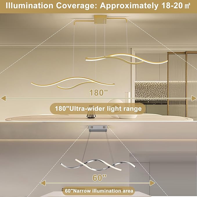 Mayful LED Chandelier, Modern Chandelier with Remote Control, Dimmable 3000K-6000K Adjustable Temperature, Height Adjustable Kitchen Island Pendant Light for Dining Room, Living Room Gold 64.2 inch
