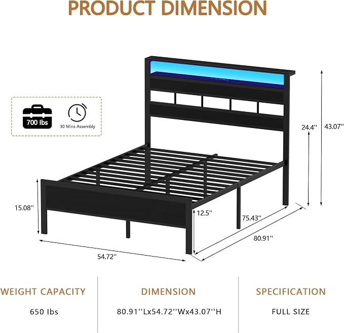 Full Size Bed Frame, Storage Headboard, LED & Charger, Black Oak | Metal Platform Bed with Heavy Duty Slats Support, 2-Tier Wood Shelf,USB & Type-C Ports,Noise-Free,No Box Spring,Easy Assembly