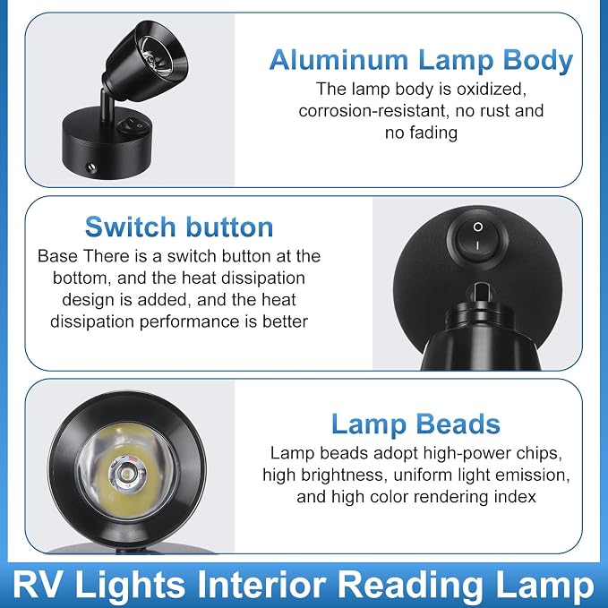4 Pieces DC12V- 24V RV Lights Interior Reading Lamp Rotatable LED Bedside Lamp 3W RV LED Spotlight for Boats, Trailers, Vans and Motorhomes (Black, White Light 6000K)