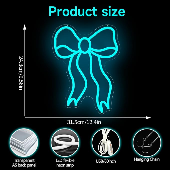 Blue Bow Neon Sign for Wall Decor Bow Led Neon Lights for Coquette Room Decor Dimmable Light up Sign for Bedroom Wall Bow party decorations Girls Room Birthday Christmas Gifts With USB Power