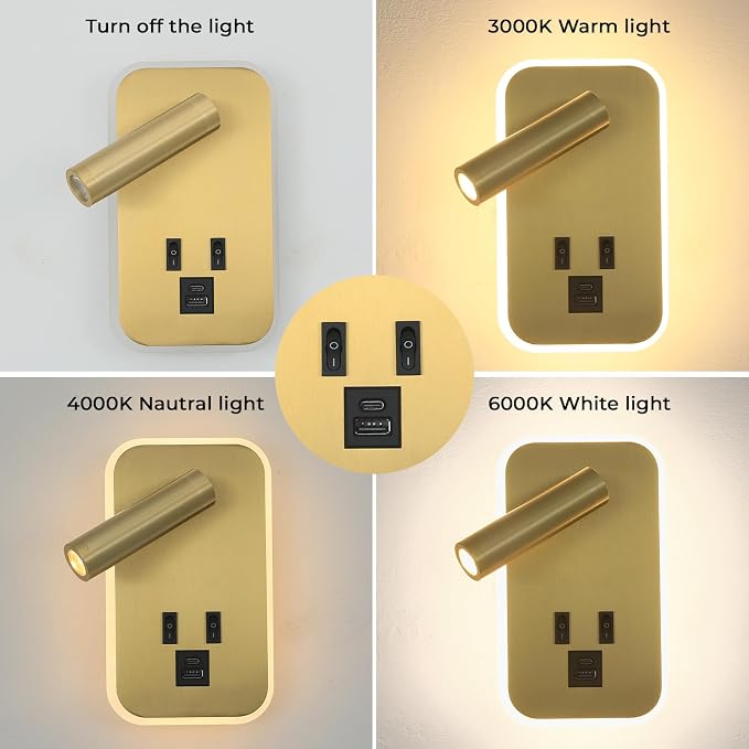 Wall Sconce Plug in with Wall Mounted Reading Lights,Modern Wall Lamp for Bedroom with Charging Station USB C+A Ports,Headboard Bedside Lamps with 3W+9W Night Light,3 Color Temperature