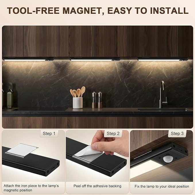 4Pack Under Cabinet Lighting Rechargeable -10" Ultra-Thin Black 3 Color Temps Super Bright, Motion Sensor, Long Lasting - Easy Installation Magnetic Under Closet Lights