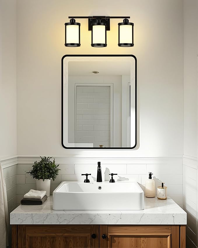 3-Light Black Bathroom Light Fixtures with Milk White Frosted Glass, 21" Modern Bathroom Vanity Lighting Fixtures Over Mirror with Metal Cage, Wall Sconce Lights for Bath, E26, OS-3014BKW-3W
