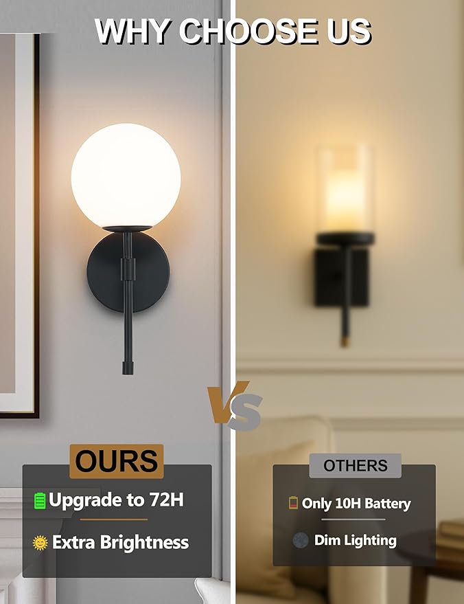 Battery Operated Wall Sconces Set of 2, Glass Globe Wireless Lights with Remote & Touch Control, Rechargeable Matte Black Sconce, 3 Color Dimmable Ambient Lighting for Bedroom Living Room