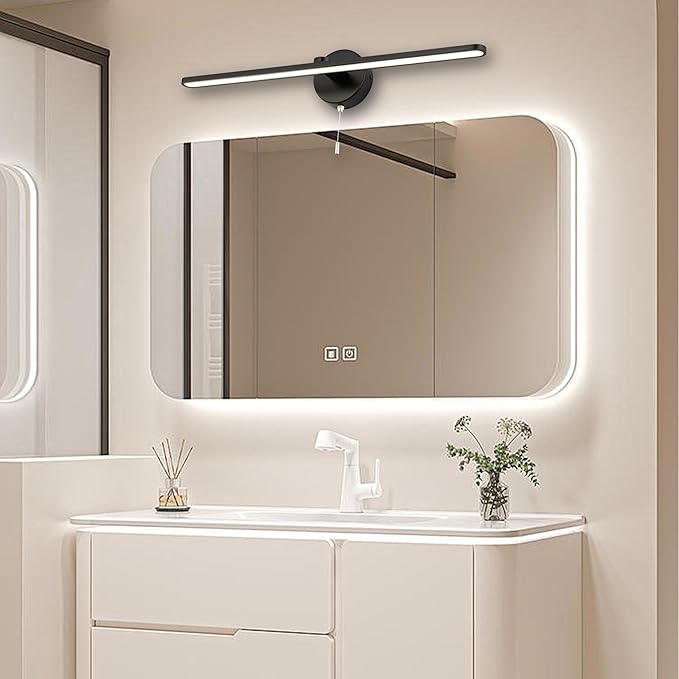24 Inch LED Vanity Light Bar, Modern Black Bathroom Vanity Light Fixture，Over Mirror sconces Wall Lighting, Wall Light Bar with 3000K/4000K/5000K Dimmable Pull Chain Switch On/Off